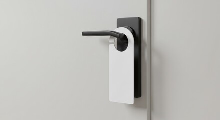 Blank Door Hanger on Hotel Door - A white blank door hanger on a black door handle. Perfect for mockups and design templates