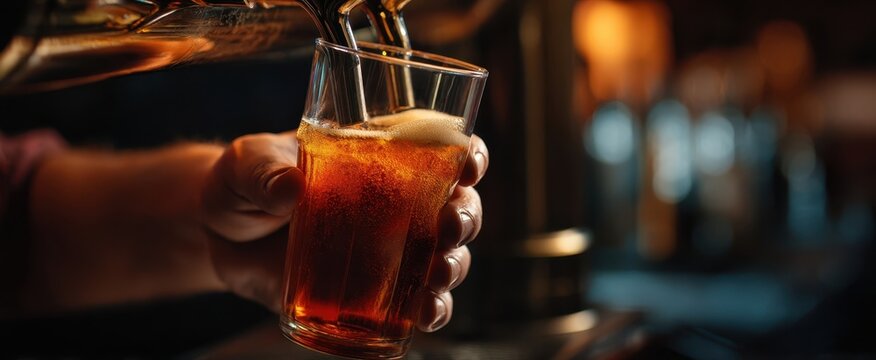 The bartender pouring a refreshing glass of amber beer in a cozy bar setting.