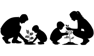 Family planting trees silhouette together