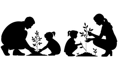 Silhouette of family planting trees together