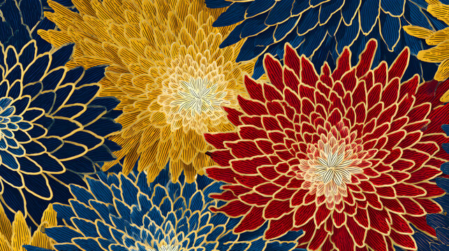Vibrant Geometric Chrysanthemum (Kiku) Pattern in Yellow, Red, and White on Dark Blue Background with Radial Symmetry
