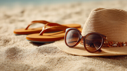 Sunglasses, flip-flops, and summer hat on sand