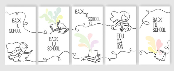 Set of vertical banner templates with fashion education concept, with collage, line drawing for kids and school supplies