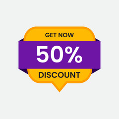Brightly colored purple and yellow banner with text get now 50 discount isolated on white background