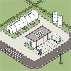 Isometric view of a hydrogen station with storage tanks and vehicle parking in a green environment