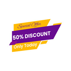 Purple and yellow banner announcing 50 percent discount special offer isolated on white background