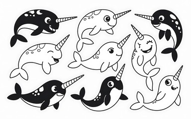 Delightful Narwhal Cartoon Collection Whimsical Sea Creatures with Horns Cute Marine Life Artwork Black and White Drawing Style © Razzaque