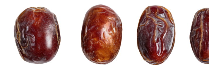 Three whole dates, dark reddish-brown, oval-shaped, showing intricate patterns on the surface