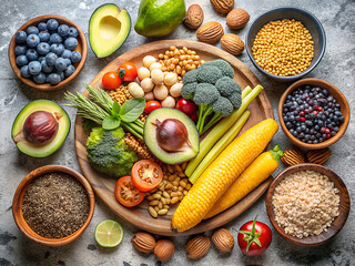 Vibrant assortment of healthy foods including fruits vegetables nuts and grains showcasing a nutritious diet