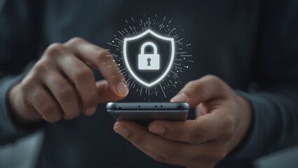 User activating mobile security settings or ensuring data privacy on a smartphone, touching the screen near a glowing shield and padlock security icon.