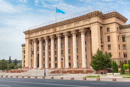 22 June 2025, Almaty, Kazakhstan: Historic former Government House, now Kazakh-British Technical University, monumental Soviet-era architecture