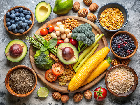 Vibrant assortment of healthy foods including fruits vegetables nuts and grains showcasing a nutritious diet