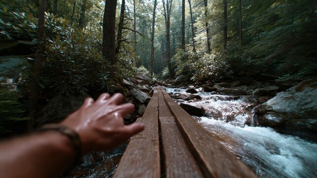 First-person view of wooden bridge over mountain stream with outstretched hand visible.