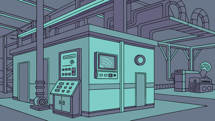 Illustration of an industrial control room with machinery and control panels inside a factory setting