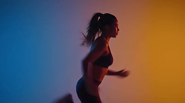 Dynamic Athletic Woman Running in Vibrant Studio Lighting for Fitness Training