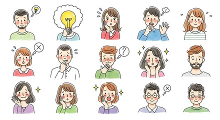 Collection of illustrated cartoon faces expressing various emotions and thoughts perfect for presentations and educational materials involving people