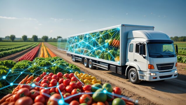 Modern refrigerated truck delivering fresh produce from a vibrant farm