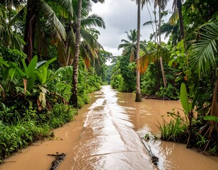 Lush flooded path in a tropical forest