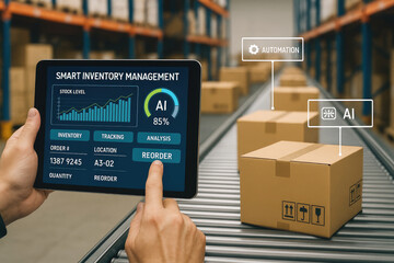 Warehouse automation technology with tablet interface and conveyor belt inventory management