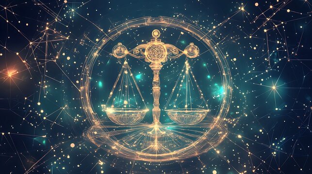 Golden Justice Scales on Network of Connected Dots & Glowing Spheres Backdrop - Powered by Adobe