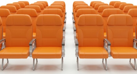 Fototapeta premium Empty Orange Airplane Seats - Rows of empty orange airplane seats arranged neatly. Ready for passengers