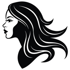 Vector art of a stunning womans silhouette with long, flowing hair in profile isolated on white background