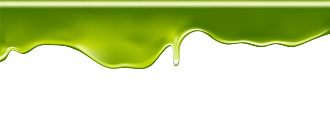 Green slime drip with 3D goo effects and toxic splatter textures. Realistic liquid splashes for Halloween zombie or radioactive designs. Transparent droplets or sticky mucus elements for banners.
