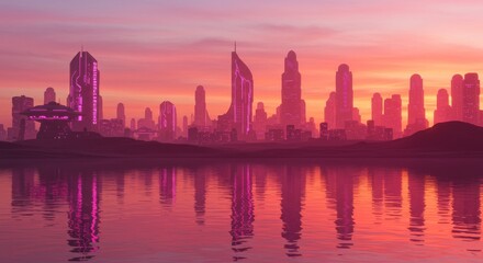 Obraz premium Futuristic Cityscape at Sunset - Stunning sunset view of a futuristic city skyline reflected in calm water. Ideal for science fiction, technology, and urban themes