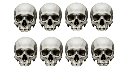 Eight human skulls arranged in a pattern isolated on transparent background