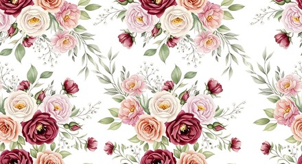 Elegant Floral Pattern with Watercolor Roses and Delicate Greenery for Romantic Backgrounds and Decorative Designs