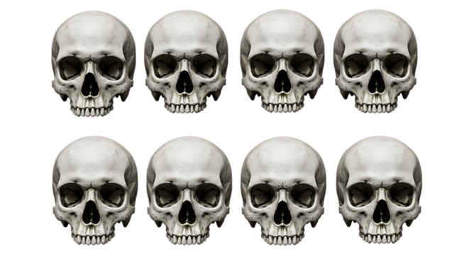 Eight human skulls arranged in a pattern isolated on transparent background