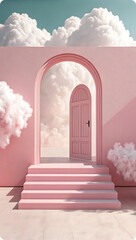 Pastel pink door archway with clouds image