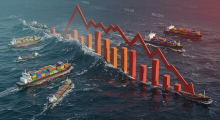 Global Shipping Crisis: Economic Downturn - Cargo ships struggle amidst a massive wave symbolizing a sharp economic decline in global trade and shipping industry