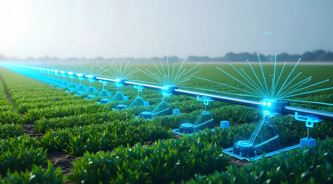 Holographic AI controlled irrigation system watering green crops field, showcasing futuristic agricultural technology and efficient water