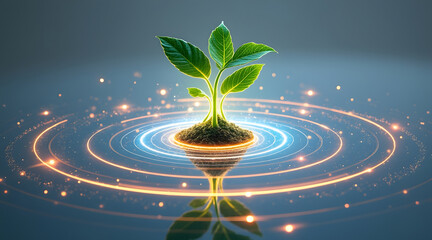 Glowing green plant sprout growing from soil surrounded by luminous digital rings, symbolizing growth and technology innovation