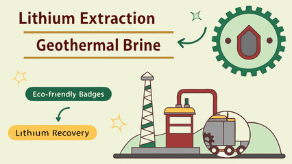 Illustration showing lithium extraction from geothermal brine with eco friendly badges and lithium recovery