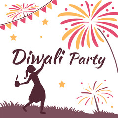 Diwali party celebration with fireworks and festive decorations featuring a silhouette of a person lighting a diya