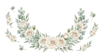Obraz premium Elegant Watercolor Floral Wreath with White Roses and Eucalyptus for Wedding Invitations and Greeting Cards Design Beautiful Artistic Flowers Arrangement