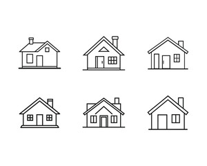 Set of House Icons in Simple Line Art Style Representing Home Ownership and Real Estate Market