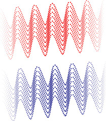 Abstract Digital Sound Waves with Red and Blue Halftone Dots &ndash; Vibrant Vector Audio Art Background