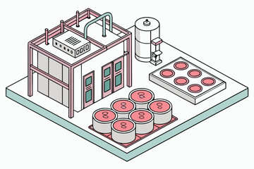 Isometric view of a factory with containers, a building, and a large white storage tank structure