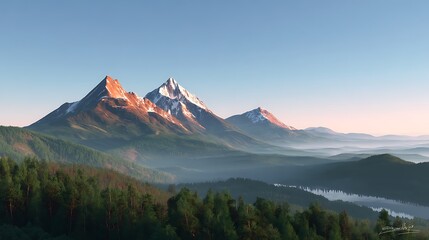 Fototapeta premium Majestic Snow-Capped Peaks under Clear Blue Sky in Serene Mountain Landscape