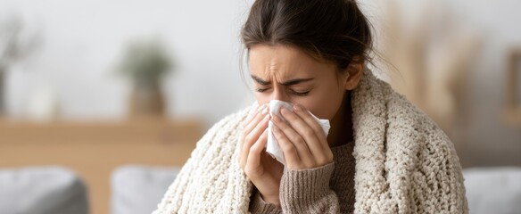 The woman feeling unwell while sitting at home with a tissue in hand.