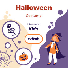 Halloween costume infographic for kids featuring a witch skeleton and jack o lantern with spiderweb elements