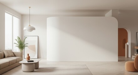 Minimalist Living Room Interior Design - Modern living room with beige sofa, curved wall, and natural light. Neutral tones and minimalist decor create a calm atmosphere
