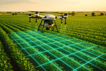 White drone hovering over green crop field with glowing grid agriculture technology