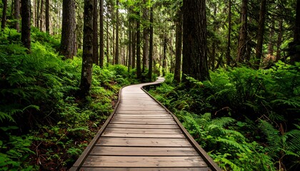 Lush forest boardwalk path