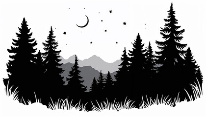 Black silhouette of pine trees against a night sky with mountains  