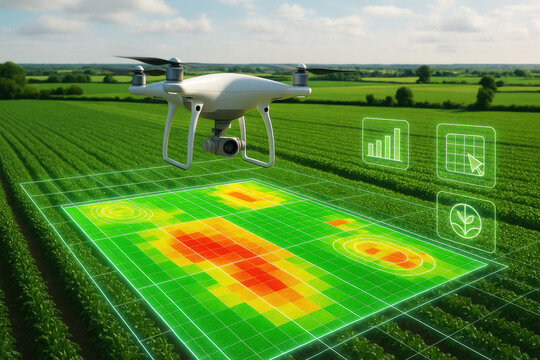 White drone surveying green agricultural field with data overlay agriculture - Powered by Adobe