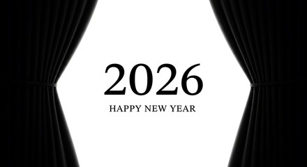 Black curtains reveal happy new year greeting and the year twenty six white background text